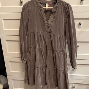 Polo Gray (mushroom) Long Sleeve Mini Corduroy Tiered Mini Dress